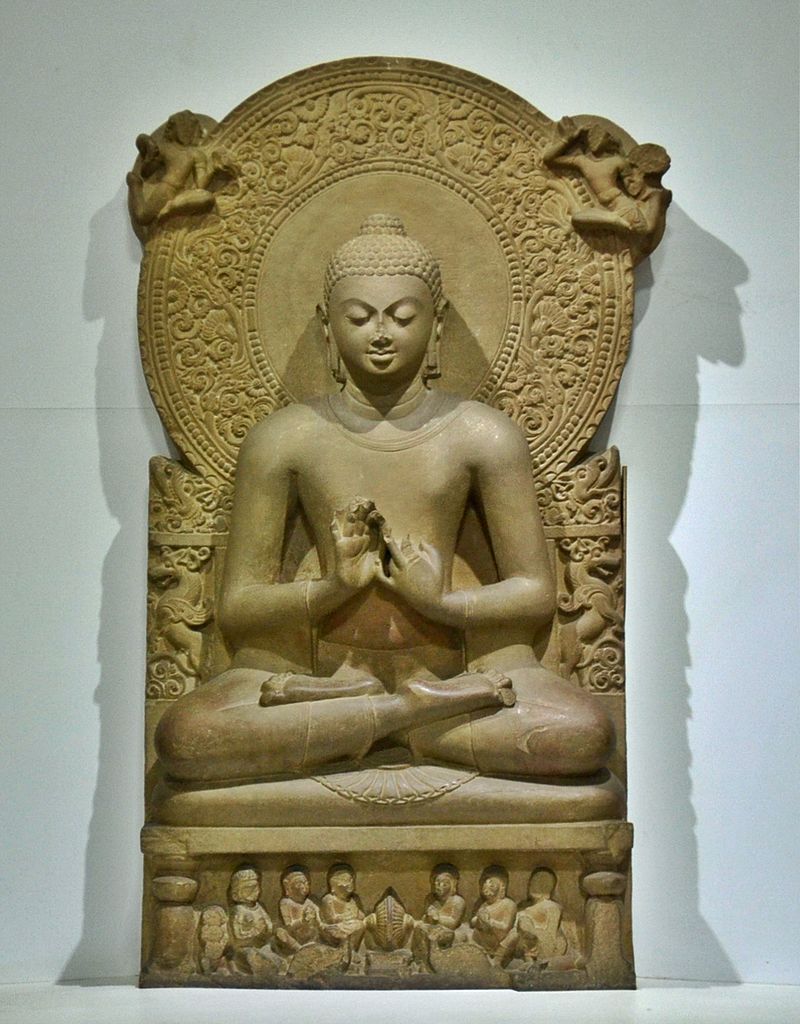 teaching Buddha (Dharmacakra mudrā). Gupta period. Sandstone, H. 160 cm. Archaeological Museum (ASI), Sarnath, India. Sarnath Museum, India.Wikipedia.